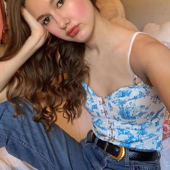 

2019 Hot Sale Top Feminina Top Camis Cropped Feminino Crop Printed Navel Strap With Irregular Thin Shoulder Adjustable Women