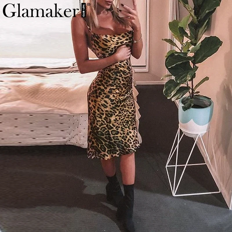 

Glamaker Loepard printed sexy stain midi dress Women autumn winter fashion dress vestido de festa Backless fitness sundress 2018