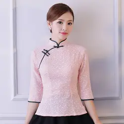 Новая женская рубашка Топы Винтаж китайский стиль воротник-стойка блузка летняя леди Костюмы cheongsam короткое китайское национальное платье
