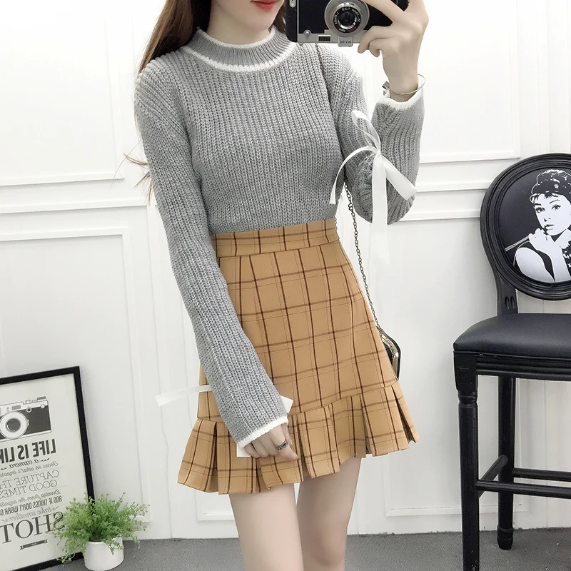 fashion bow sweater of tall waist grid pleated skirts the a line skirt ...