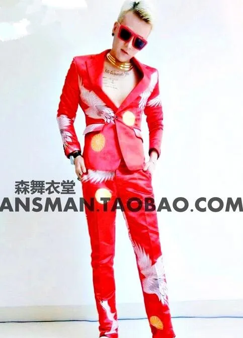 

New Men's Fashion Red Cranes Print Slim Suit Costumes Nightclub Singer DJ guests gd style Blazers suits Performance wear