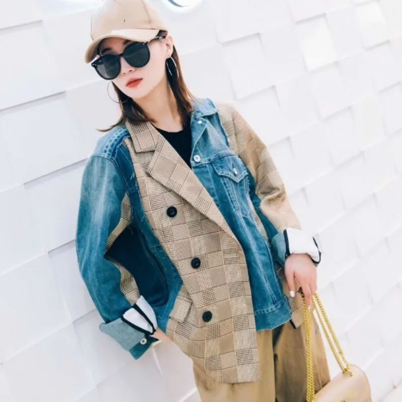 SHENGPALAE 2019 التلبيب كم طويل الأزرق الدنيم منقوشة سبليت المشتركة غير النظامية فضفاض سترة الربيع الصيف النساء معطف الأزياء JT888