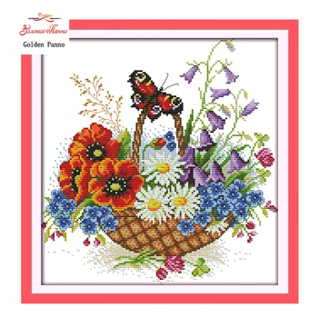 

Golden Panno,Needlework,DIY DMC Cross stitch,Sets For Embroidery kit Flower baskets and butterflies home decoration Counted Cros