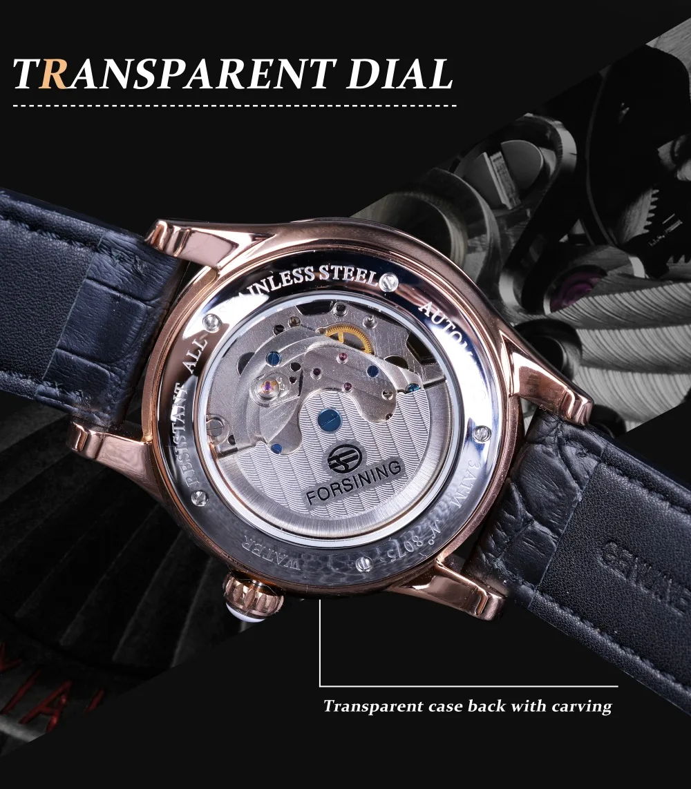 Forsining розовое золото турбийон дизайн 316 Полный нержавеющая сталь случае пояса из натуральной кожи ремень для мужчин Автоматический часы