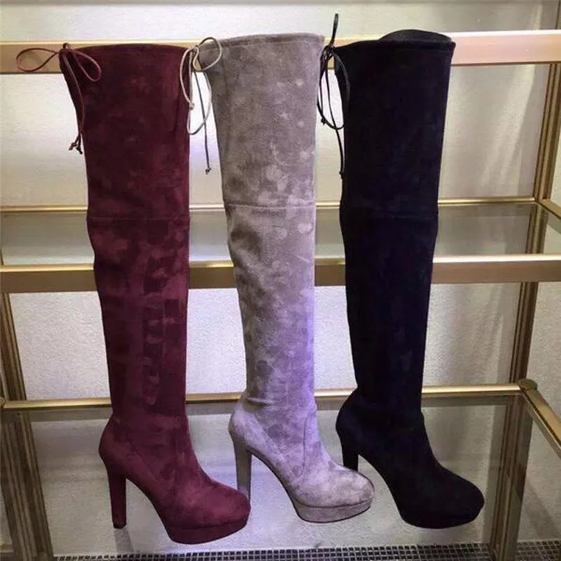 

2017 Newest Suede Leather Platform Over the Knee Boots Fashion Chunk High Heel Boots Black Women Long Boots Plus Size 35-43