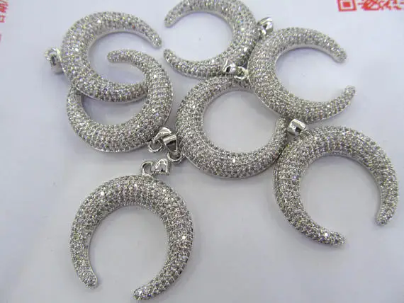 

AA+ 6sets Rhodium Plated Cz Pave Horn, Double Horn Pendant, Crescent Horn, Upside-down Moon, Pave Horn, Horn Pendant Horn Charm