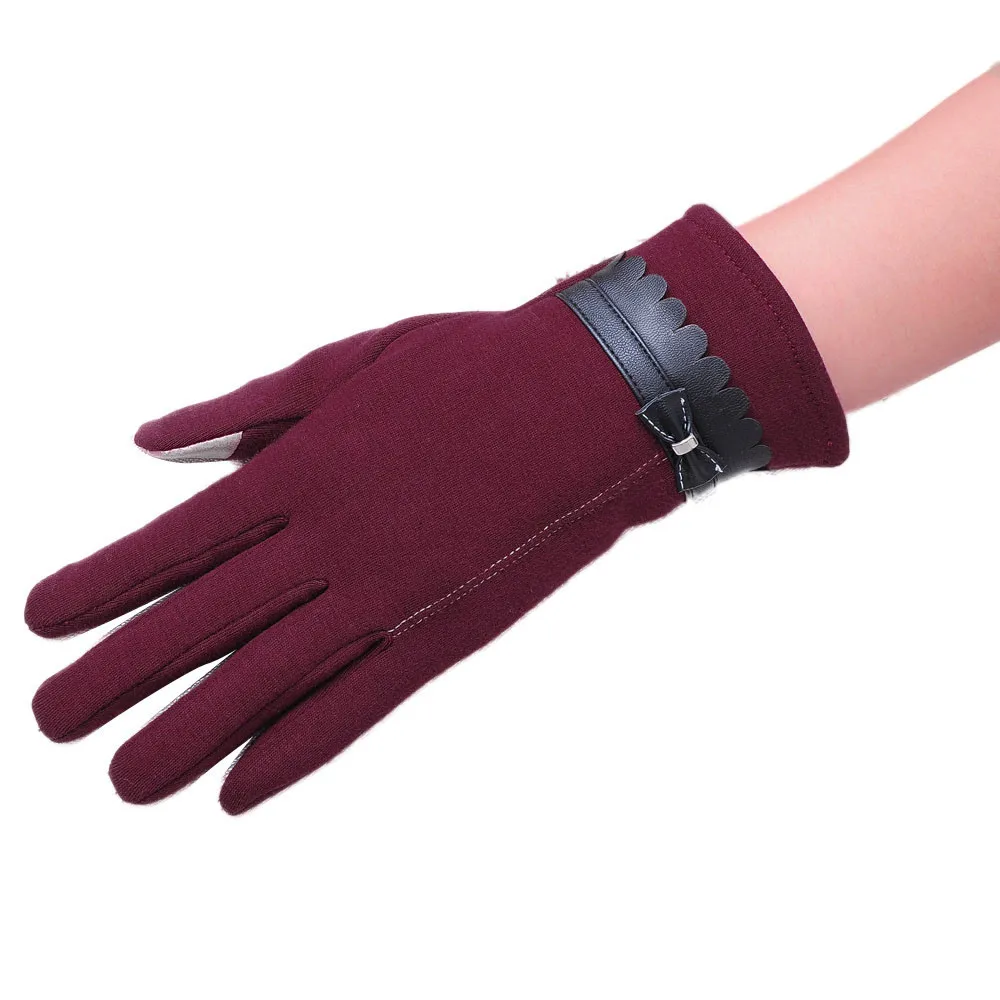 2019 женские роскошные зимние теплые перчатки с бантом, варежки, элегантные женские зимние перчатки, однотонные женские кожаные перчатки из
