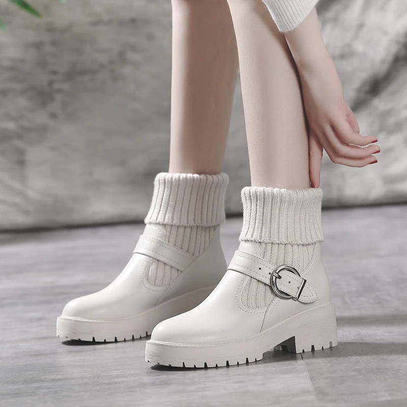 

Autumn/winter leather martin Boots beige low-help women's shoes anti-skid thick bottom plus velvet warm knitted wool white boots