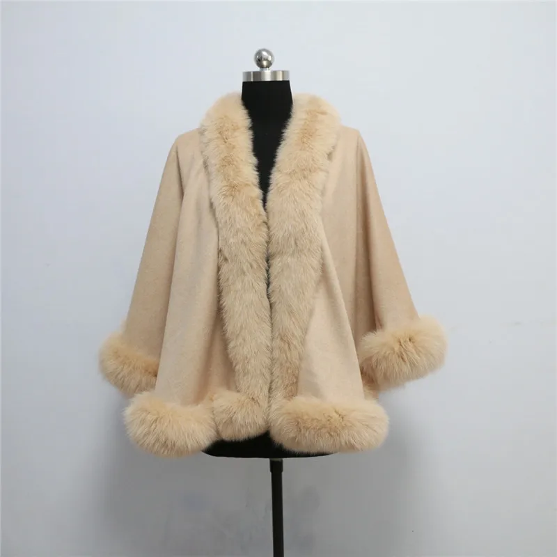 

Free shipping, Drop shipping, spring autumn winter women beige color real fox fur trim cashmere cape for audlt size