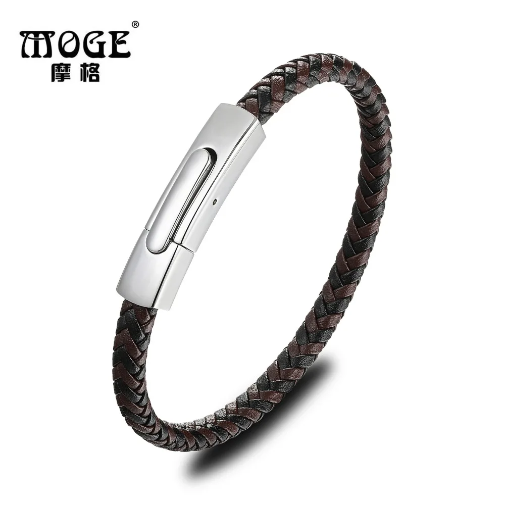 

MOGE Trendy Mixed Color Flat Leather Bracelets Men Stainless Steel Cuff Leather Bracelets&Bangles Male Female Bracelets