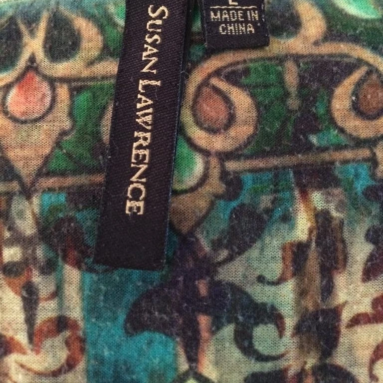 Susan Lawrence blouse size L large knit top green floral short sleeve box neck (2)