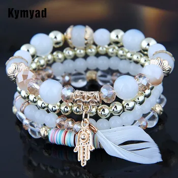 

Kymyad Bohemian Bracelets For Women Crystal Beads Bracelet Multilayer Feather Charm Bracelet Homme Bijoux Gold Bracelet