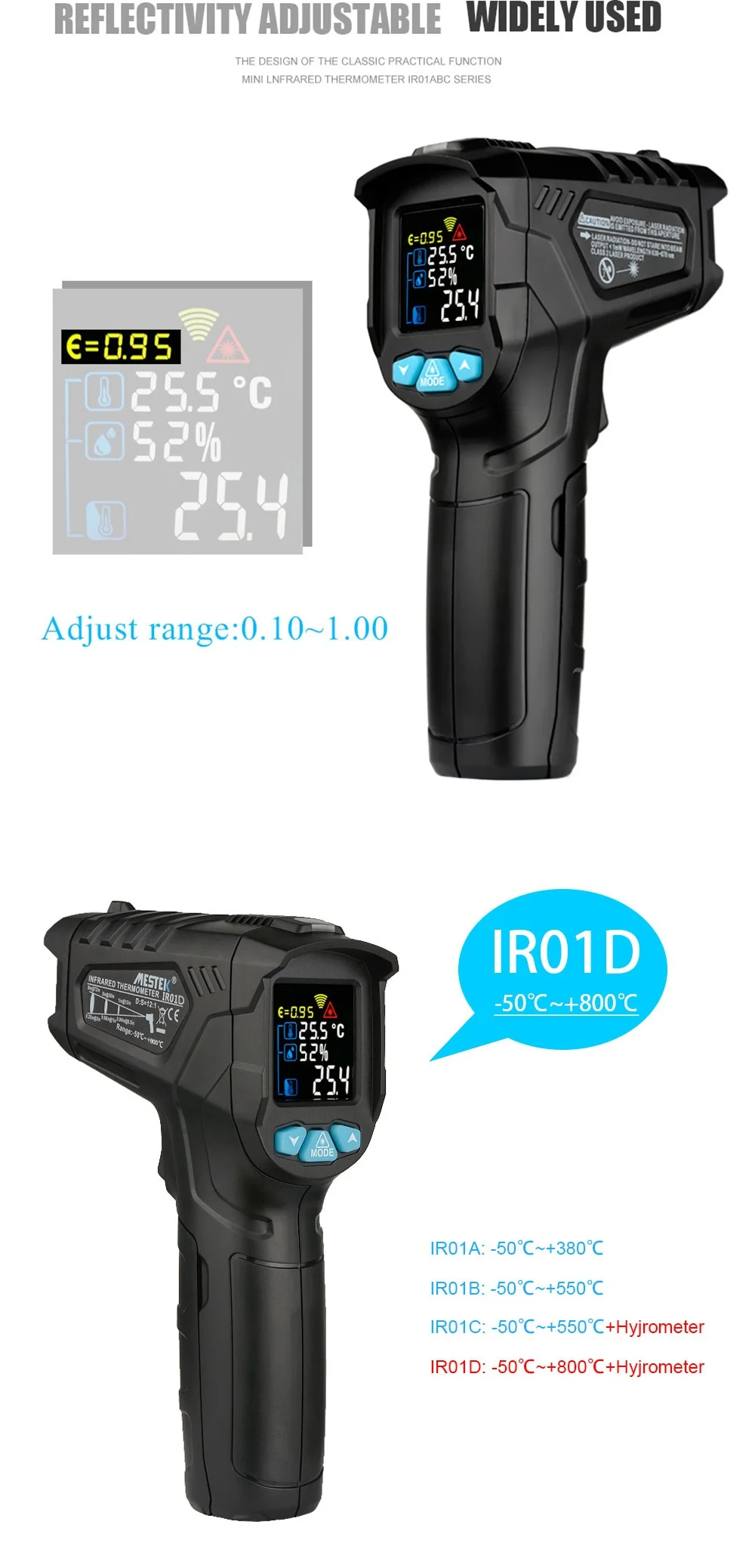 IR01D-50~ 800 Цельсия Бесконтактный Инфракрасный цифровой термометр, измеритель влажности, индикатор температуры и влажности, пирометр