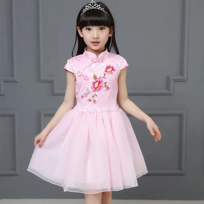 Платья с цветочной вышивкой для маленьких девочек-подростков 6, 8, 9, 10, 12 лет, платье принцессы в китайском стиле белое Сетчатое платье в стиле пэчворк для девочек