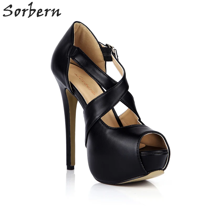 forme Sorbern Talon Celebrity Plate Peep Talons Chaussures Boucles Femmes Dames Hauts Haute Pompes Toe Parti Sangles Color custom Noir Croisées Yx78qpnwYr