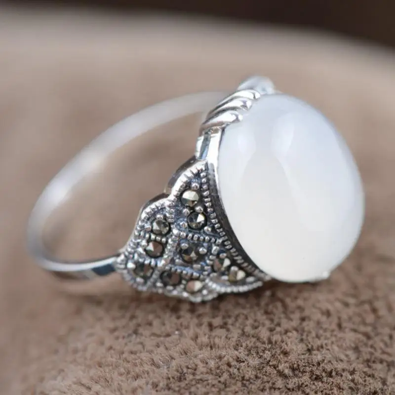 

Luxury Jewelry Girls Ring Silver With Oval Chinese White gem opal Natural Stone Vintage Lovely Fine RINGS 6 7 8 9# marvel choker