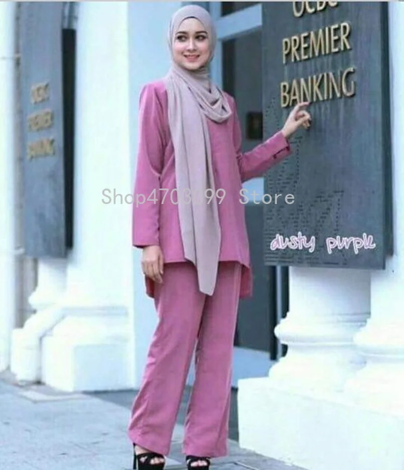 

Muslim Women Light Purple Long Sleeve Sets Tops And Pants Islamic Dubai Moroccan Turkey Female Fashion Clothing