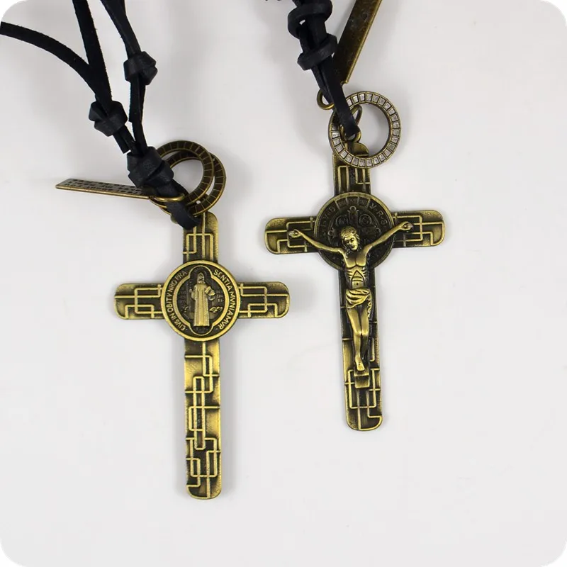 Орден Святого Бенедикта INRI Jesus Крест Подвеска кожаная ожерелье католические