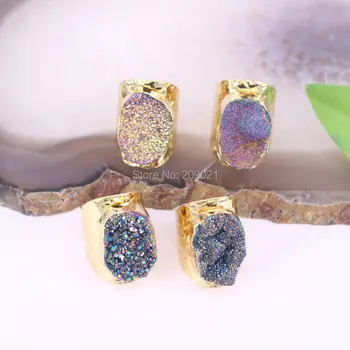 

Fashion 6Pcs Mixed Color Titanium Quartz Ring, Freeform Drusy Gems stone Geode Ring