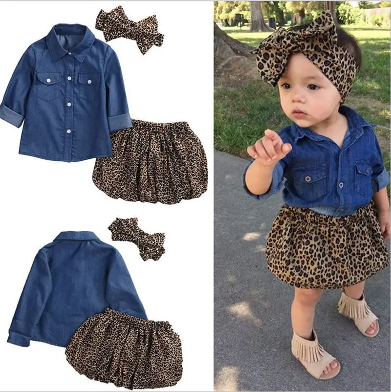 

6M-5T 3pcs Baby Girl Clothes Sets Blue Long Sleeves Cotton Denim T-shirts+Mini Dress+Headband Newborn Kids Infant Clothing Set