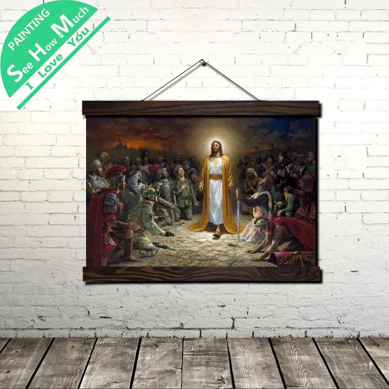 

Scroll Painting Canvas Vintage Poster and Prints Wall Art Picture Jesus Christ Painting Kneeling Glowing Soldier Warrior Sword