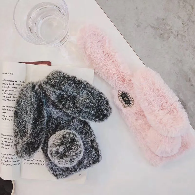 New Winter Cute Plush Long Eared Rabbit for iPhoneXsMax X / 7/8 Plus Luxury Phone Cases Tide Trend |