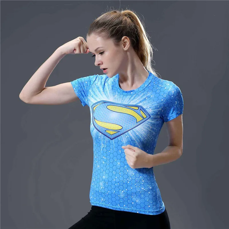 2  Fashion Fitness T Shirt Women Compression Shirt Short Sleeve O-neck T-shirt Summer Tops Superman Tee Shirt Femme Camisetas Mujer
