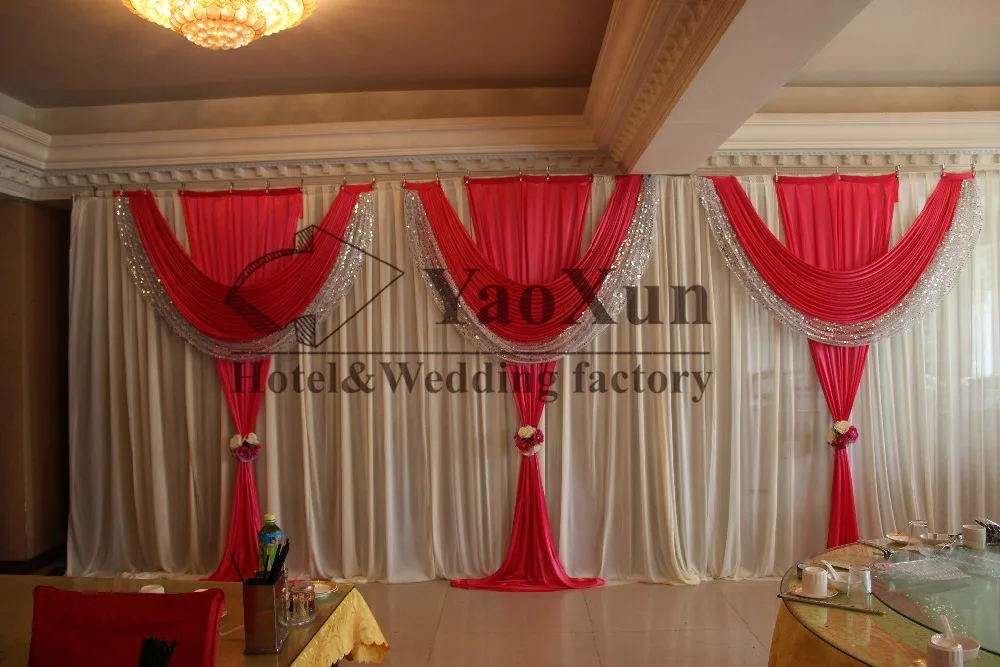 

Good Looking Ivory Color Backdrop Curtain With Fuchsia Color Swag Drape for birthday wedding banquet party 3m*6m