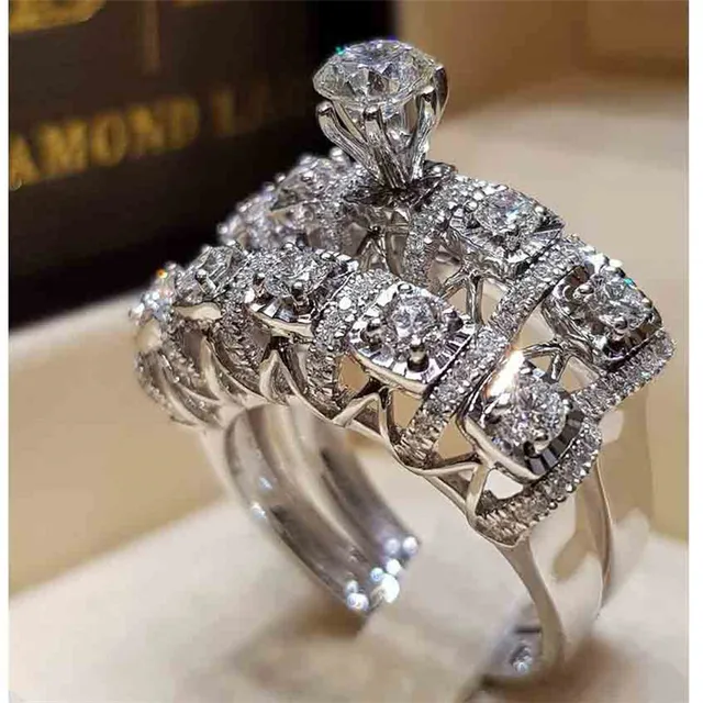 JUNXIN Boho Full Crystal Wedding Big Ring Sets For Women 925 Silver