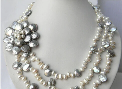 

ddh003098 3Strands 18'' White Gray Baroque Freshwater Pearl Coin Pearl Flower Necklace 28% Discount