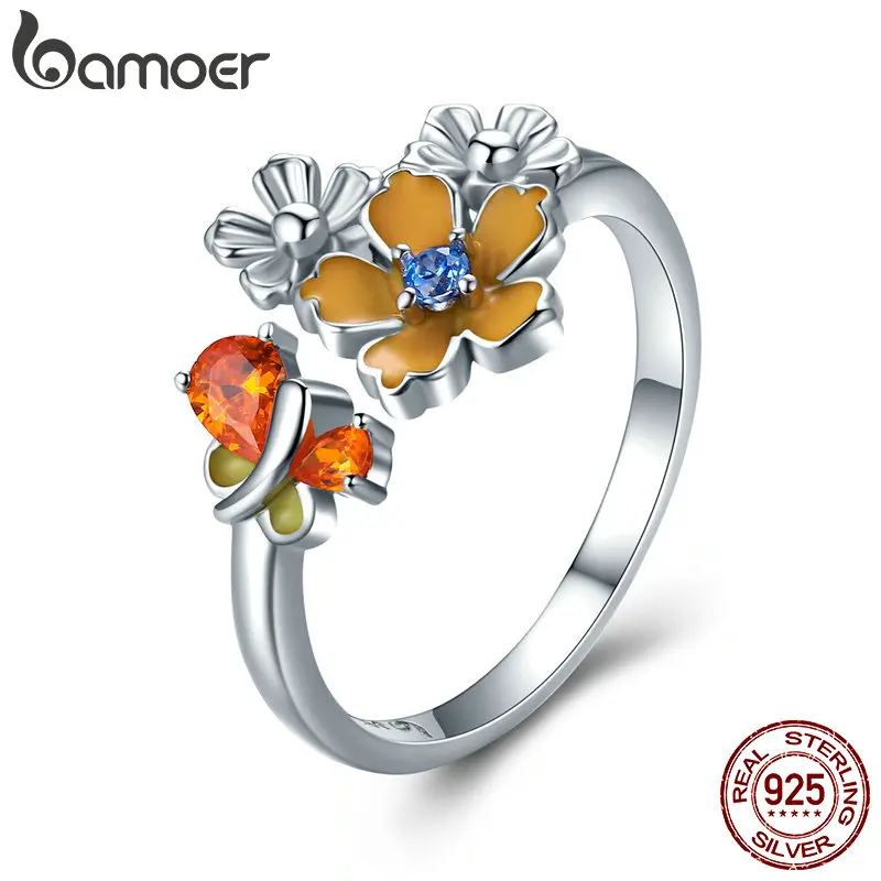 

BAMOER Silver Ring 925 Sterling Silver Enamel Flower Ajustable Finger Rings for Women Crystal Butterfly Fine Jewelry Gift GAR001