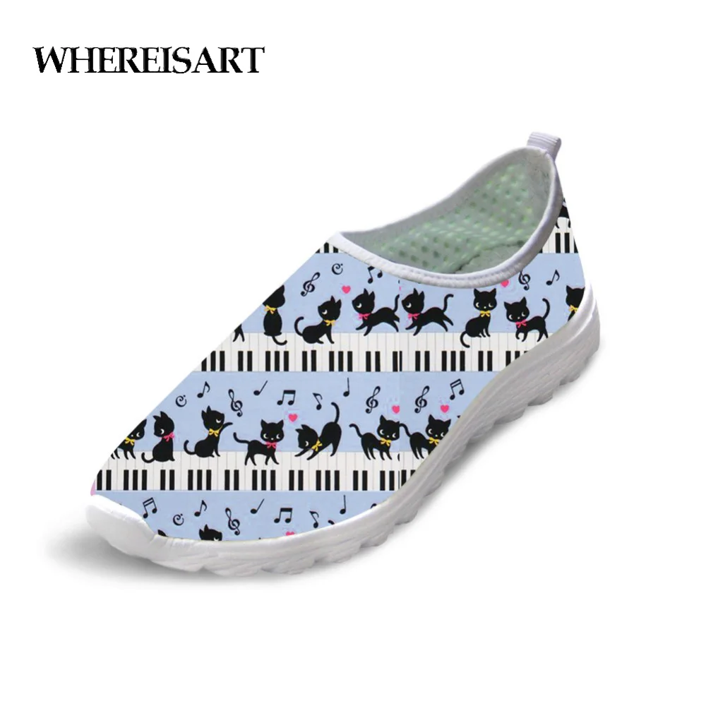 

WHEREISART Autumn Summer Women Sneakers Fashion Cute Animal Blue Cat with Piano Note Print Casual Flats Women's Shoes Slip-on