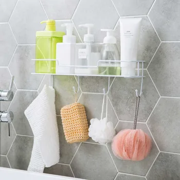 

Bathroom Storage Shelf Rack with Hooks Hangers Bath Basket Soap Cosmetic Shampoo Holder Shower Caddy Wall Shelves