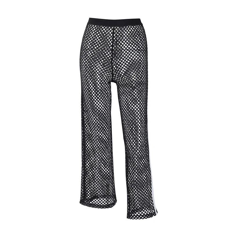 Women High Waist See-Through Solid Color Elastic Waist Flared Leg Mesh Summer Beach Holiday Long Pants Trousers S M L