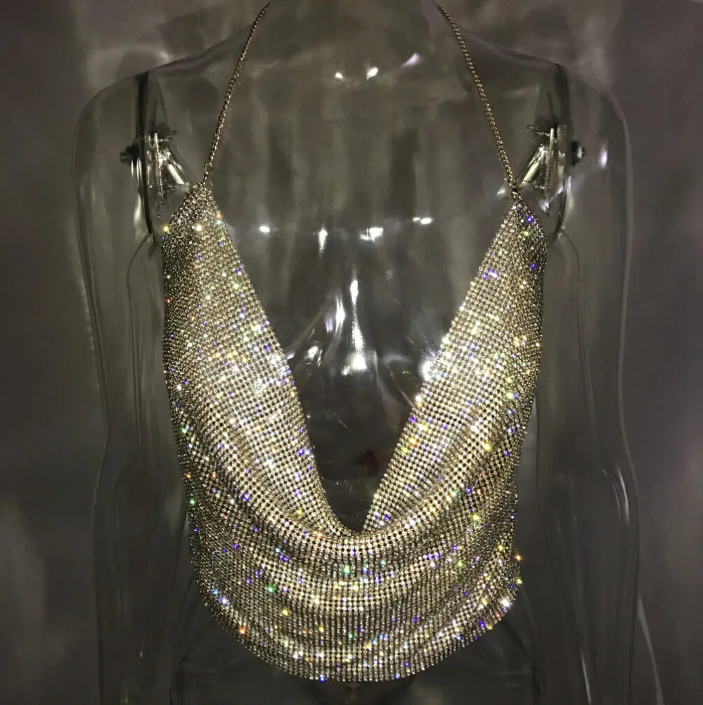 

7 Colors Metallic Halter Sequined Crop Top Sexy Women Party Club Accessories Female Summer Silver Rhinestone top Gold Bra shirt