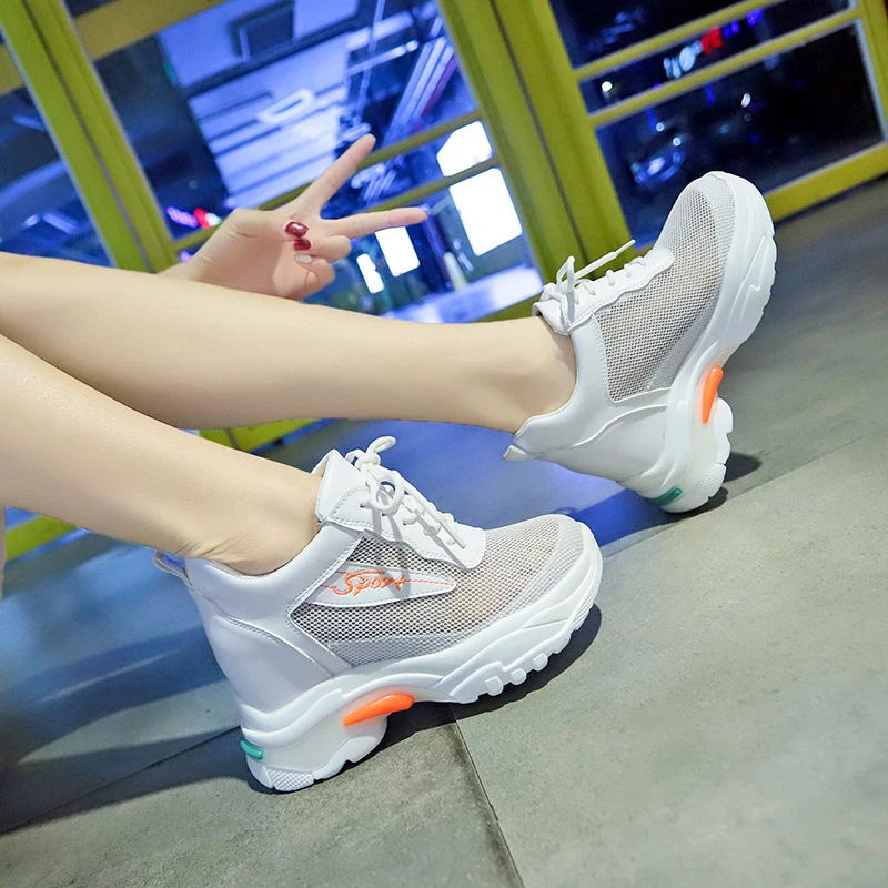 

Women's White Sneakers 2019 Summer Breathable Mesh High Heels Ladies Shoes Hidden Heel Wedges Shoes For Woman Sneakers Shoe