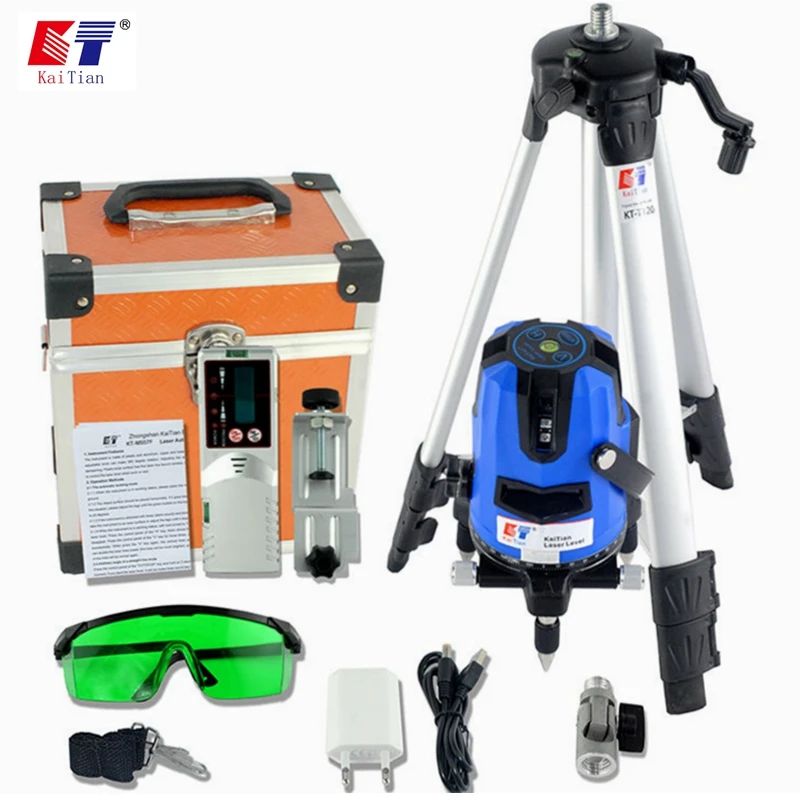 

KaiTian Laser Level Tripod Green Receiver 360 Horizontal Beam Vertical 532nm Laser Self-Leveling 5 Lines Level Laser Tool Nivel