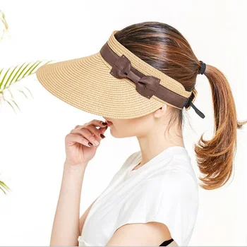 

Summer Hats For Women Sun Visor Straw Hat With Ribbon Bow Foldable Beach Hat Female Chapeau Femme Sunshade Outdoor Travel
