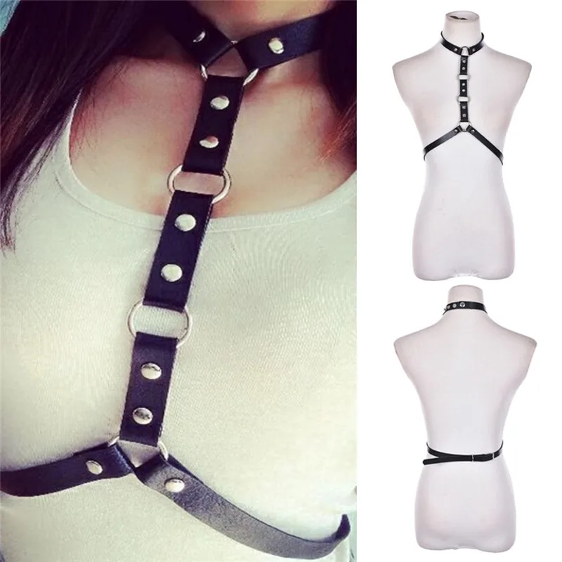 

Punk Handcrafted Black Halter Choker Collar Harness Body Bondage PU Leather Waist Belt 95*1.3cm
