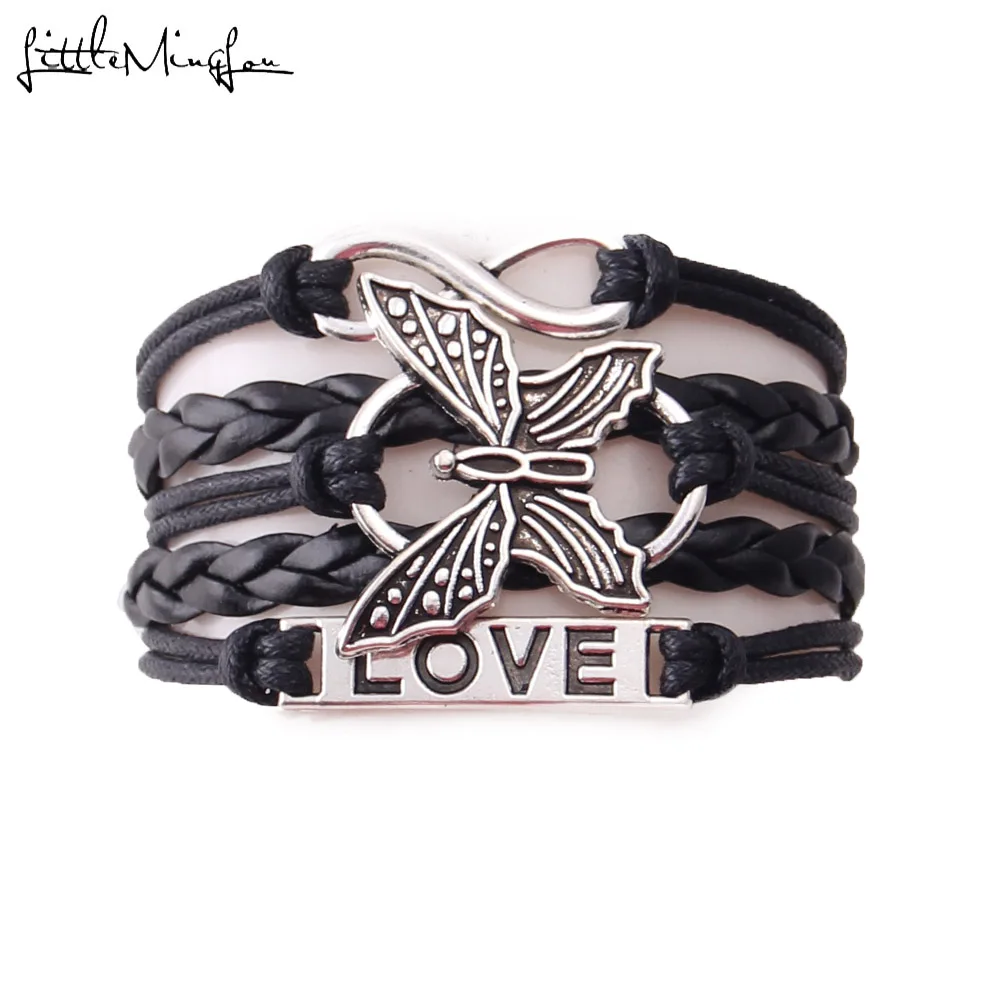

Little MingLou Fashion Infinity love butterfiles Butterfly bracelet charm leather wrap men bracelets & bangles for women