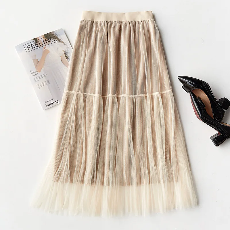 

New lace skirt with metal stitching tulle skirt and knee lace autumn quilted skirt students popular