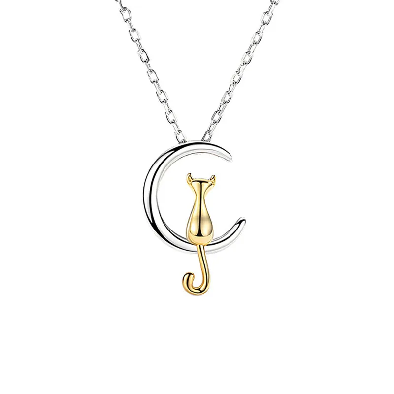 

Fashion Cat Moon Pendant Necklace Charm Silver Gold Color Link Chain Necklace For Pet Lucky Jewelry For Women Gift #EW40