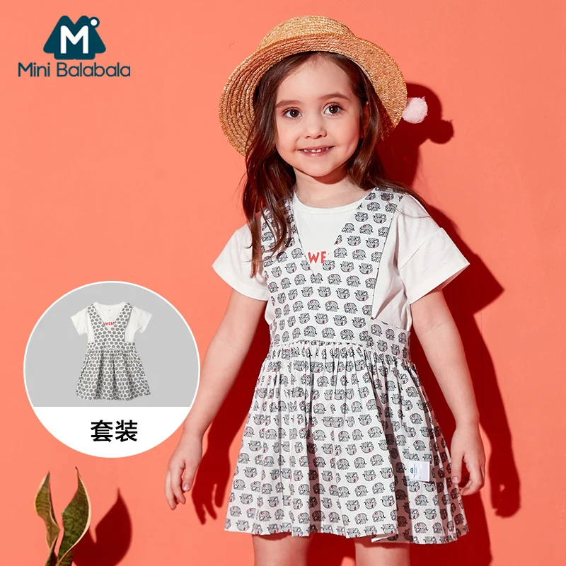 Mini Balabala/комплект из 2 предметов для маленьких девочек, хлопок, футболка с короткими рукавами+ комбинезон с рисунком, комплект с платьем, детская одежда для девочек