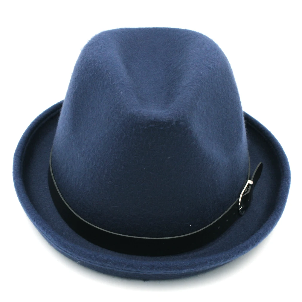 Navy Blue Mistdawn Для мужчин Для женщин полушерстяные Fedora Кепки s фетровой шляпе Повседневное котелок Кепки черный кожаный ремень Группа - Цвет: Navy Blue