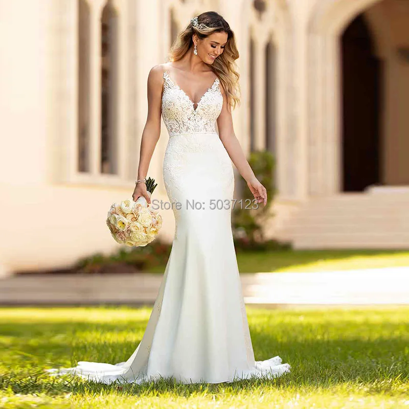 

Beach Mermaid Wedding Dresses 2019 V Neck Appliques Lace Sleeveless Open Back Wedding Bridal Gowns Plus Size Vestidos De Noiva