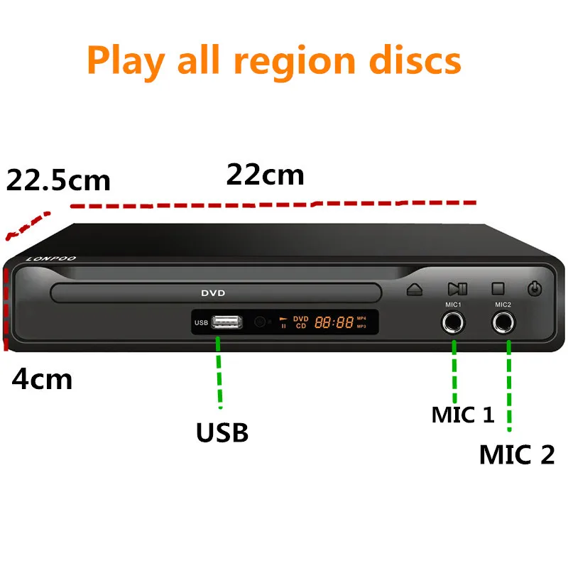  LONPOO DVD Player Region Free HDMI RCA Scart USB DVD Player Two MIC Ports Multi Language Iron Body 