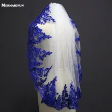 Настоящая фотография, однослойная блестящая синяя кружевная короткая свадебная вуаль из тюля белого цвета и цвета слоновой кости с гребнем, новая свадебная вуаль, вуаль de Mariee