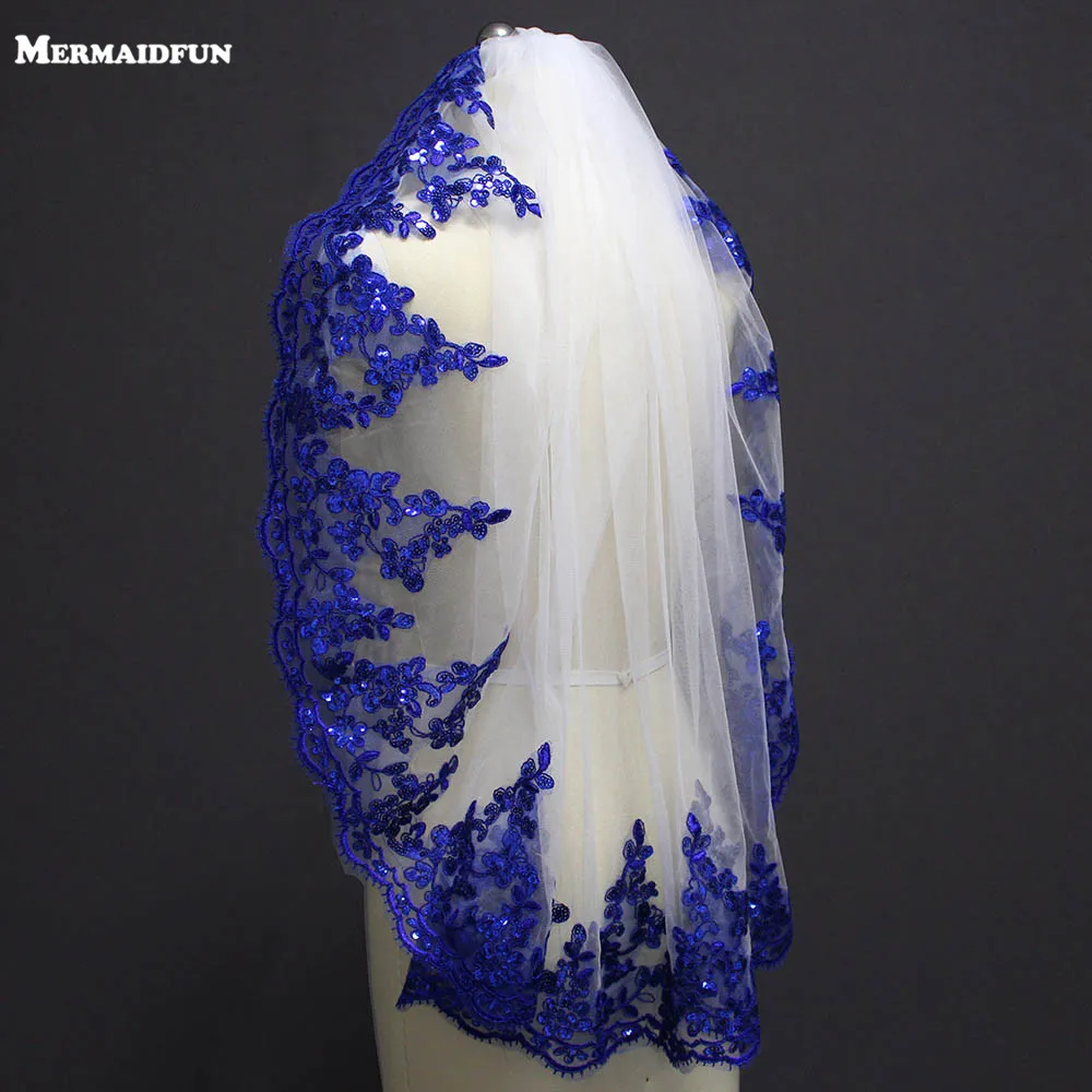 

Real Photo One Layer Bling Sequins Blue Lace Edge White Ivory Tulle Short Wedding Veil with Comb New Bridal Veil Voile de Mariee