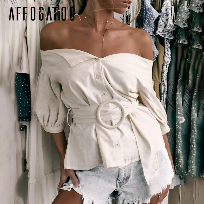 

Affogatoo Sexy off shoulder sash women blouse shirt Vintage lantern sleeve cotton blouse female Casual button ladies blouse 2019