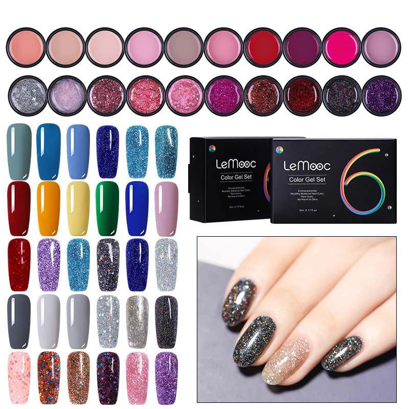 

LEMOOC 5ml 6Pcs/Lot Gel Paint UV Nail Gel Soak Off Nail Art Led Nail Lacquer Glitter Sequins Painting Gel nail Polish